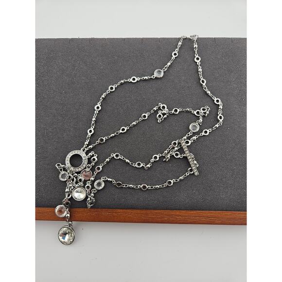 Silver Tone Starburst Crystal Pendant Necklace Long Chain Gem Sparkle Glitz - Picture 3 of 4